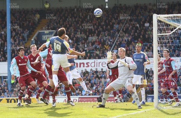 13.04.09.. Cardiff City v Burnley, Coca Cola Championship -  Cardiff's Michael Chopra heads at goal 