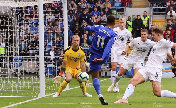 300918 - Cardiff City v Burnley, Premier League - Josh Murphy of Cardiff City sees his shot saved by Burnley goalkeeper Joe Hart