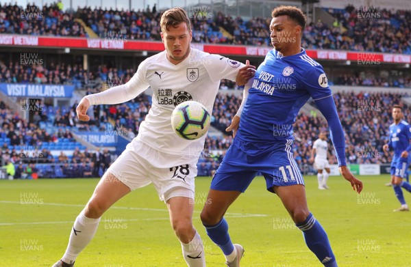 300918 - Cardiff City v Burnley, Premier League - Josh Murphy of Cardiff City and Kevin Long of Burnley compete for the ball