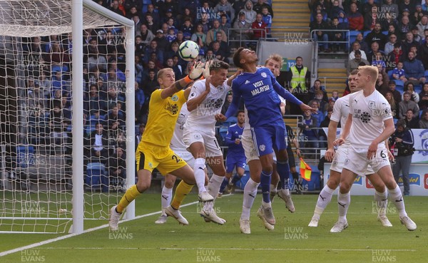 300918 - Cardiff City v Burnley, Premier League - Josh Murphy of Cardiff City heads the ball past Burnley goalkeeper Joe Hart, only for the goal to be dis-allowed