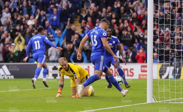 300918 - Cardiff City v Burnley, Premier League - Josh Murphy of Cardiff City, left, wheels away to celebrate after scoring goal