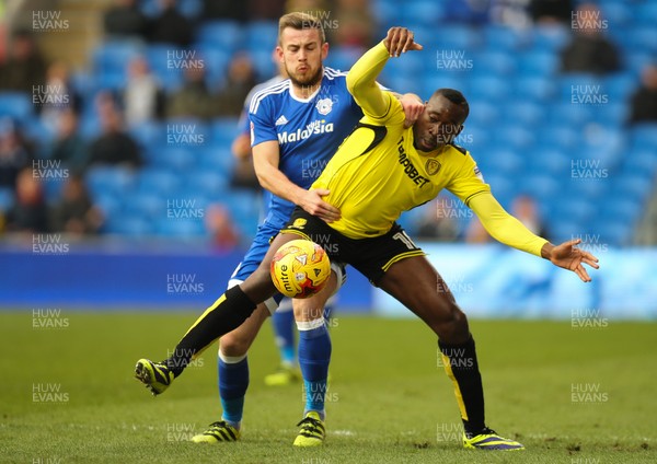 210117 - Cardiff City v Burton Albion, Sky Bet Championship - Lucas Akins of Burton Albion is put under pressure by Joe Ralls of Cardiff City