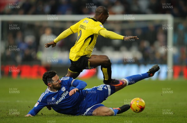 210117 - Cardiff City v Burton Albion, Sky Bet Championship -Marvin Sordell of Burton Albion is tackled by Sean Morrison of Cardiff City