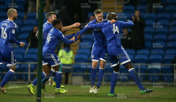 210117 - Cardiff City v Burton Albion, Sky Bet Championship - Rhys Healey of Cardiff City celebrates with Sol Bamba of Cardiff City after scoring goal