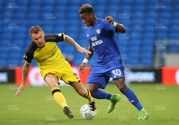 220817 - Cardiff City v Burton Albion, Carabao Cup Round 2 - Omar Bogle of Cardiff City takes on Tom Naylor of Burton Albion