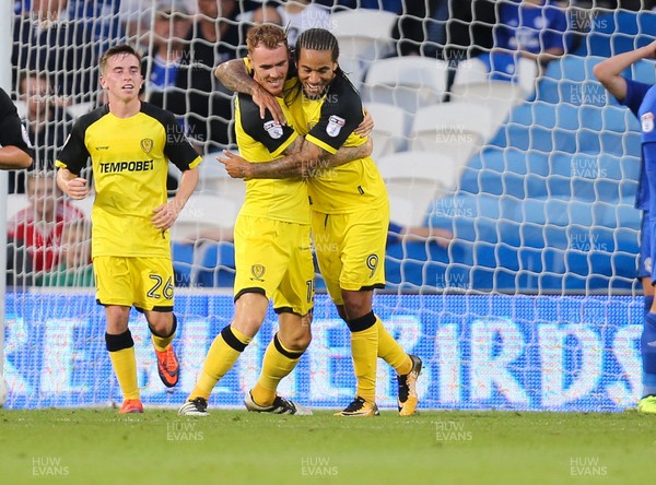 220817 - Cardiff City v Burton Albion, Carabao Cup Round 2 - Goalscorer Tom Naylor of Burton Albion, left, celebrates with Sean Scannell of Burton Albion