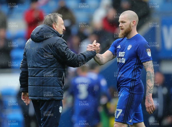 300318 - Cardiff City v Burton Albion, Sky Bet Championship - Cardiff City manager Neil Warnock congratulates Aron Gunnarsson of Cardiff City at the end of the match
