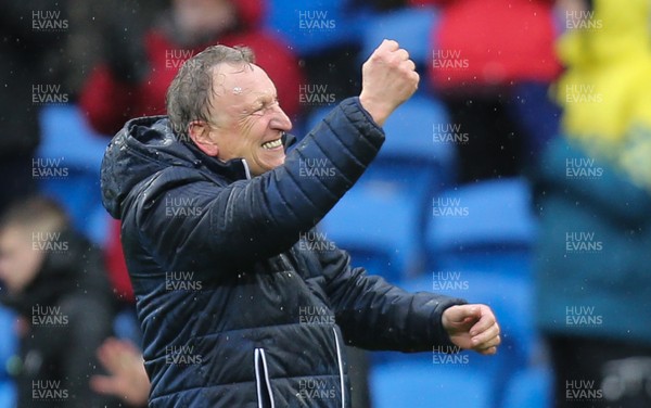 300318 - Cardiff City v Burton Albion, Sky Bet Championship - Cardiff City manager Neil Warnock celebrates at the end of the match