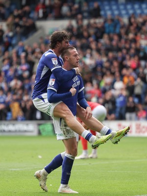 190926 Cardiff City v Charlton Athletic, EFL Sky Bet Championship - Jack Moylan of Cardiff City celebrates with Ollie Tanner of Cardiff City after scoring the third goal