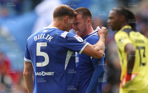 190926 Cardiff City v Charlton Athletic, EFL Sky Bet Championship - Jack Moylan of Cardiff City celebrates with Krystian Bielik of Cardiff City after scoring the third goal