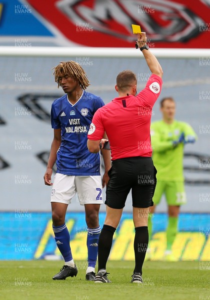 300620 - Cardiff City v Charlton Athletic - SkyBet Championship - Dion Sanderson of Cardiff City is given a yellow card by referee Steve Martin