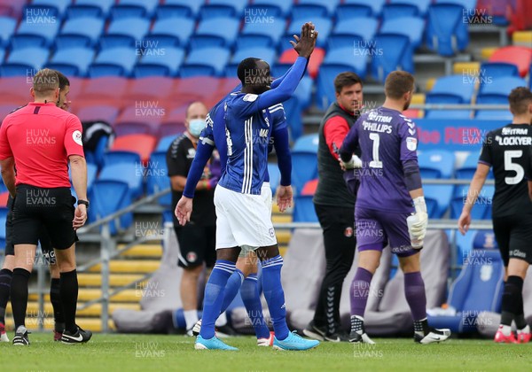 300620 - Cardiff City v Charlton Athletic - SkyBet Championship - Albert Adomah of Cardiff City waves to the empty stands and does the ayatollah as he walks off the field at full time