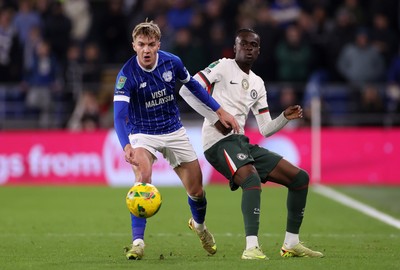 161225 - Cardiff City v Chelsea - EFL Cup Quarter Final - Tyrique George of Chelsea is challenged by Joel Bagan of Cardiff 