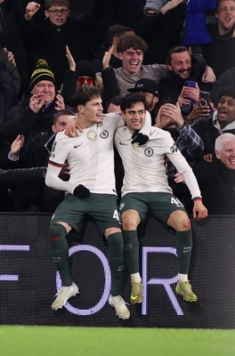 161225 - Cardiff City v Chelsea - EFL Cup Quarter Final - Alejandro Garnacho of Chelsea celebrates scoring a goal with Facundo Buonanotte 