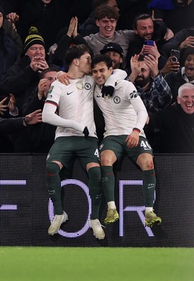 161225 - Cardiff City v Chelsea - EFL Cup Quarter Final - Alejandro Garnacho of Chelsea celebrates scoring a goal with Facundo Buonanotte 