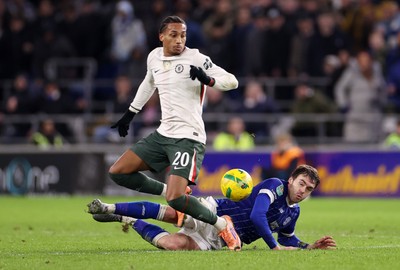 161225 - Cardiff City v Chelsea - EFL Cup Quarter Final - Joao Pedro of Chelsea is tackled by Calum Chambers of Cardiff 