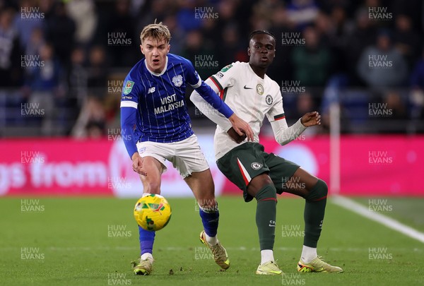 161225 - Cardiff City v Chelsea - EFL Cup Quarter Final - Tyrique George of Chelsea is challenged by Joel Bagan of Cardiff 