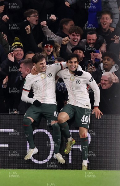 161225 - Cardiff City v Chelsea - EFL Cup Quarter Final - Alejandro Garnacho of Chelsea celebrates scoring a goal with Facundo Buonanotte 