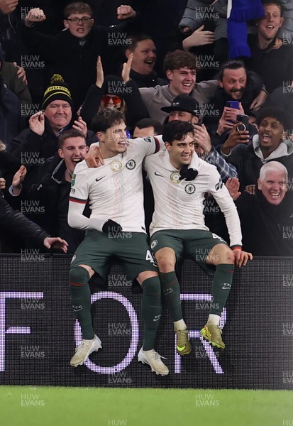 161225 - Cardiff City v Chelsea - EFL Cup Quarter Final - Alejandro Garnacho of Chelsea celebrates scoring a goal with Facundo Buonanotte 