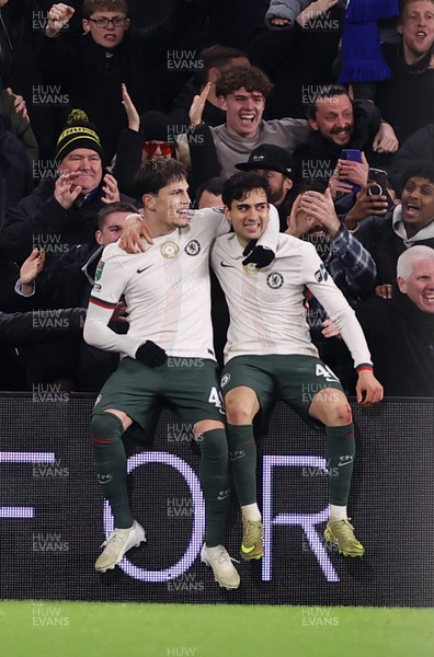 161225 - Cardiff City v Chelsea - EFL Cup Quarter Final - Alejandro Garnacho of Chelsea celebrates scoring a goal with Facundo Buonanotte 