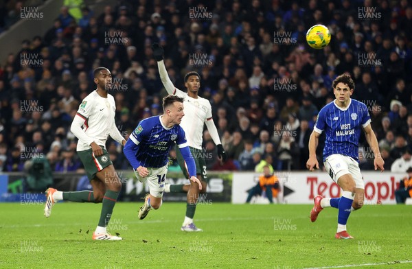 161225 - Cardiff City v Chelsea - EFL Cup Quarter Final - David Turnbull of Cardiff headers the ball to score a goal