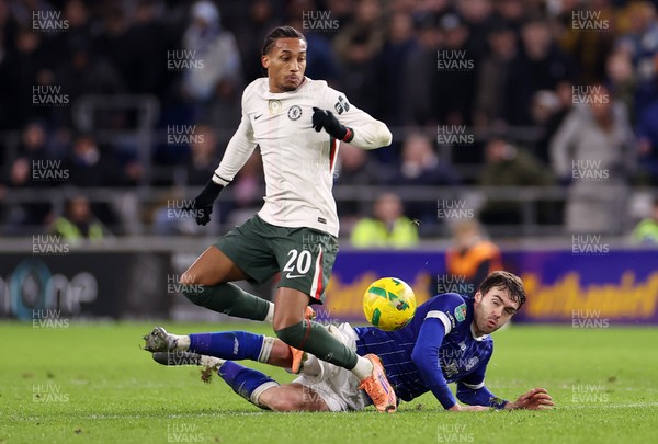 161225 - Cardiff City v Chelsea - EFL Cup Quarter Final - Joao Pedro of Chelsea is tackled by Calum Chambers of Cardiff 