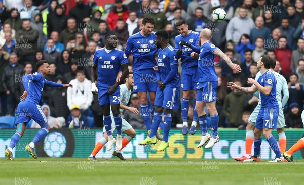310319 - Cardiff City v Chelsea, Premier League - The Cardiff City wall tries to block the free kick at goal