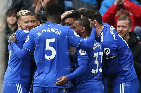 310319 - Cardiff City v Chelsea, Premier League - Victor Camarasa of Cardiff City celebrates with team mates after scoring goal