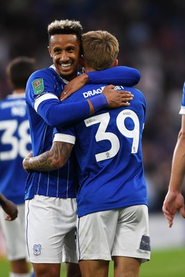 260825 - Cardiff City v Cheltenham Town - Carabao Cup Round Two - Isaak Davies of Cardiff City celebrates scoring a goal Callum Robinson of Cardiff City