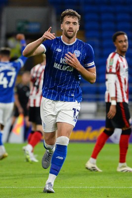 260825 - Cardiff City v Cheltenham Town - Carabao Cup Round Two - Calum Chambers of Cardiff City celebrates scoring a goal