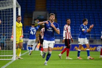 260825 - Cardiff City v Cheltenham Town - Carabao Cup Round Two - Calum Chambers of Cardiff City celebrates scoring a goal