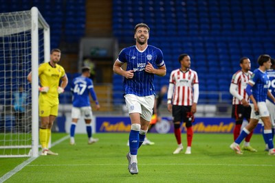 260825 - Cardiff City v Cheltenham Town - Carabao Cup Round Two - Calum Chambers of Cardiff City celebrates scoring a goal