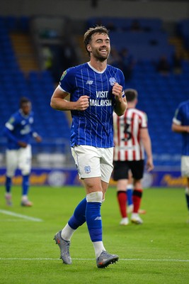 260825 - Cardiff City v Cheltenham Town - Carabao Cup Round Two - Calum Chambers of Cardiff City celebrates scoring a goal