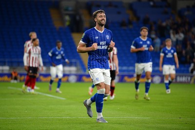 260825 - Cardiff City v Cheltenham Town - Carabao Cup Round Two - Calum Chambers of Cardiff City celebrates scoring a goal