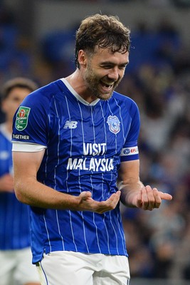 260825 - Cardiff City v Cheltenham Town - Carabao Cup Round Two - Calum Chambers of Cardiff City celebrates scoring a goal