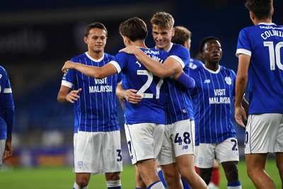 260825 - Cardiff City v Cheltenham Town - Carabao Cup Round Two - Joel Colwill of Cardiff City celebrates scoring a goal with team mates