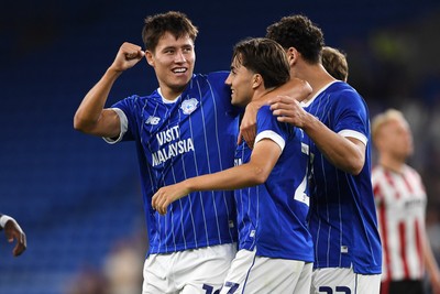 260825 - Cardiff City v Cheltenham Town - Carabao Cup Round Two - Joel Colwill of Cardiff City celebrates scoring a goal with his brother Rubin Colwill of Cardiff City