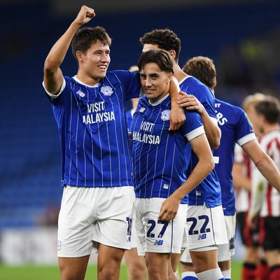 260825 - Cardiff City v Cheltenham Town - Carabao Cup Round Two - Joel Colwill of Cardiff City celebrates scoring a goal with his brother Rubin Colwill of Cardiff City