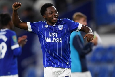 260825 - Cardiff City v Cheltenham Town - Carabao Cup Round Two - Dakarai Mafico of Cardiff City celebrates the win at full time