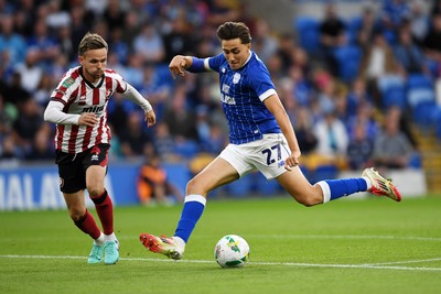 260825 - Cardiff City v Cheltenham Town - Carabao Cup Round Two - Joel Colwill of Cardiff City has a shot on goal