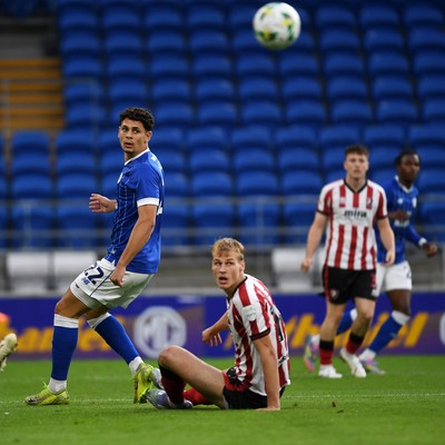 260825 - Cardiff City v Cheltenham Town - Carabao Cup Round Two - Yousef Salech of Cardiff City has his effort blocked by Joe Day of Cheltenham Town