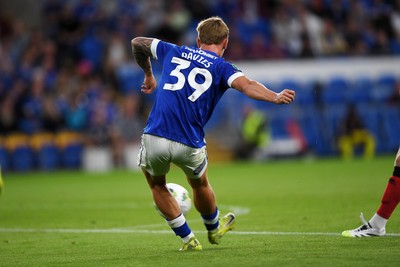 260825 - Cardiff City v Cheltenham Town - Carabao Cup Round Two - Isaak Davies of Cardiff City has a shot on goal