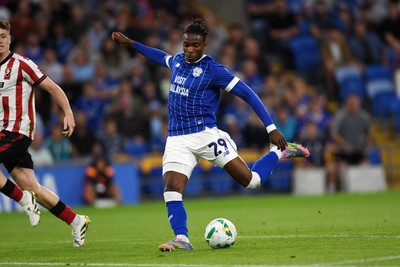 260825 - Cardiff City v Cheltenham Town - Carabao Cup Round Two - Tanatswa Nyakuhwa of Cardiff City has a shot on goal