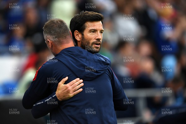 260825 - Cardiff City v Cheltenham Town - Carabao Cup Round Two - Brian Barry-Murphy, Cardiff City Manager with Michael Flynn, Cheltenham Town Manager