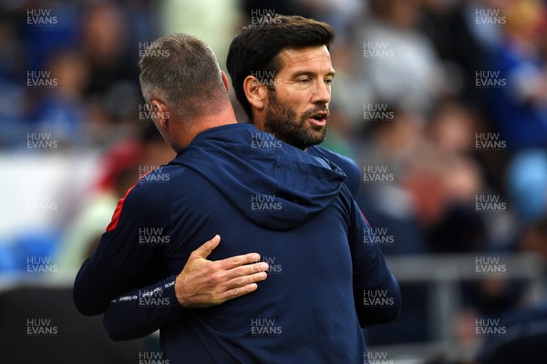 260825 - Cardiff City v Cheltenham Town - Carabao Cup Round Two - Brian Barry-Murphy, Cardiff City Manager with Michael Flynn, Cheltenham Town Manager