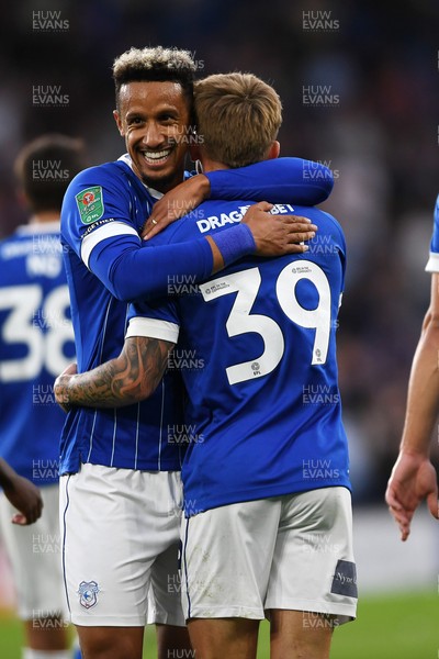 260825 - Cardiff City v Cheltenham Town - Carabao Cup Round Two - Isaak Davies of Cardiff City celebrates scoring a goal Callum Robinson of Cardiff City