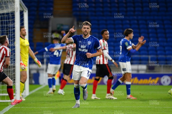 260825 - Cardiff City v Cheltenham Town - Carabao Cup Round Two - Calum Chambers of Cardiff City celebrates scoring a goal