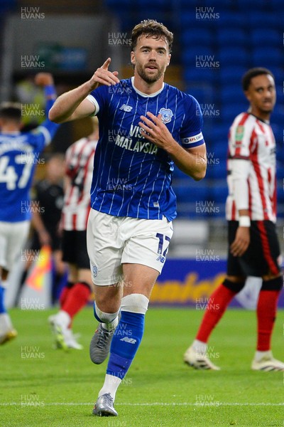 260825 - Cardiff City v Cheltenham Town - Carabao Cup Round Two - Calum Chambers of Cardiff City celebrates scoring a goal