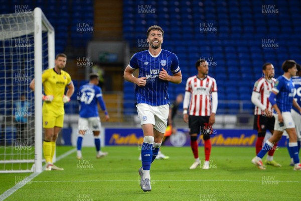 260825 - Cardiff City v Cheltenham Town - Carabao Cup Round Two - Calum Chambers of Cardiff City celebrates scoring a goal