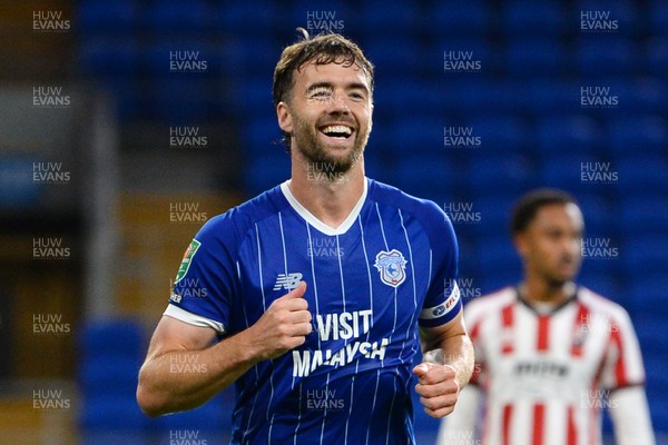 260825 - Cardiff City v Cheltenham Town - Carabao Cup Round Two - Calum Chambers of Cardiff City celebrates scoring a goal